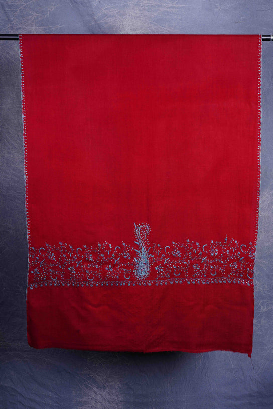 Maroon Big Border Sozni Embroidery Merino Wool Scarf