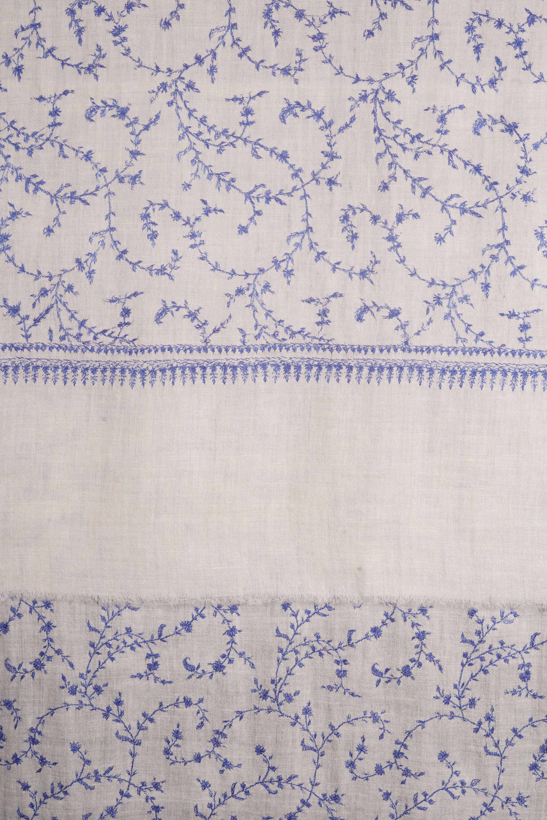 White Jali With Blue Embroidery Pashmina Cashmere Scarf