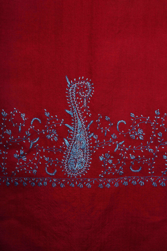 Maroon Big Border Sozni Embroidery Merino Wool Scarf