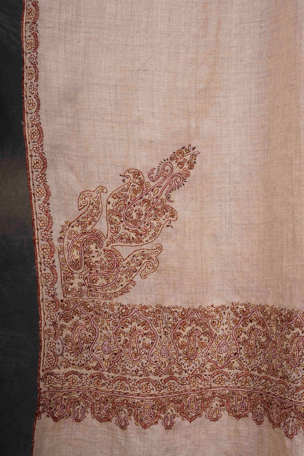 Ivory With Brown Border Embroidery Cashmere Pashmina Shawl