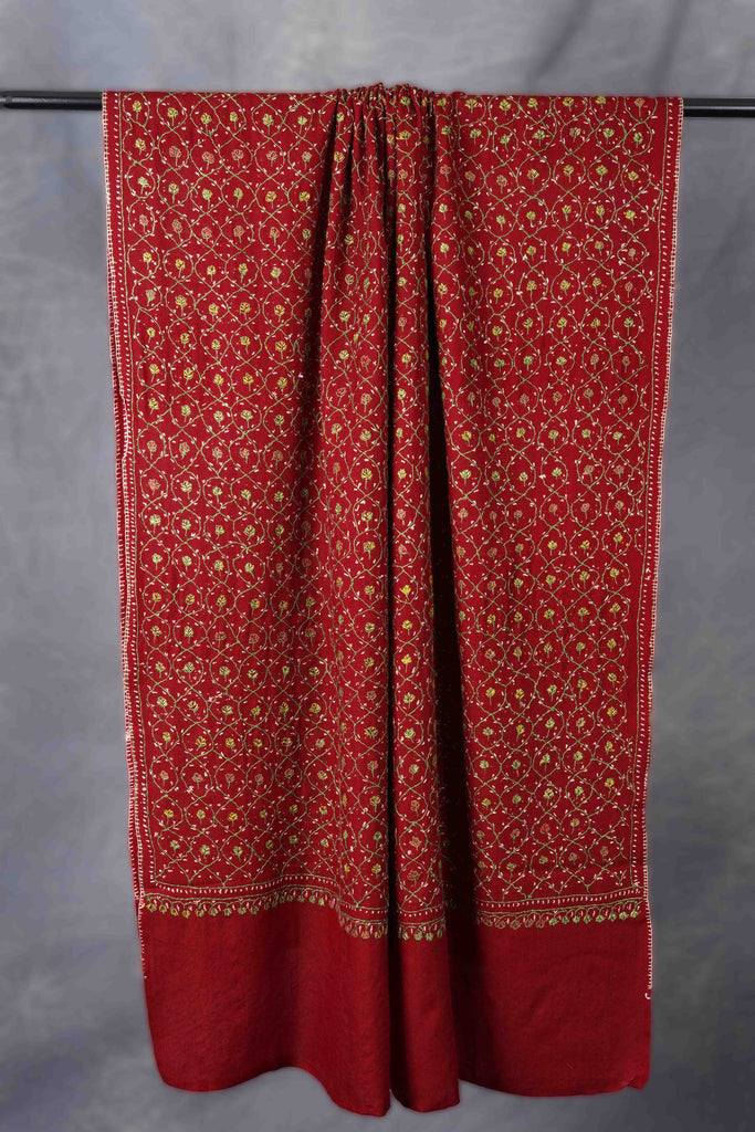 Berry Red Jali Sozni Embroidery Shawl