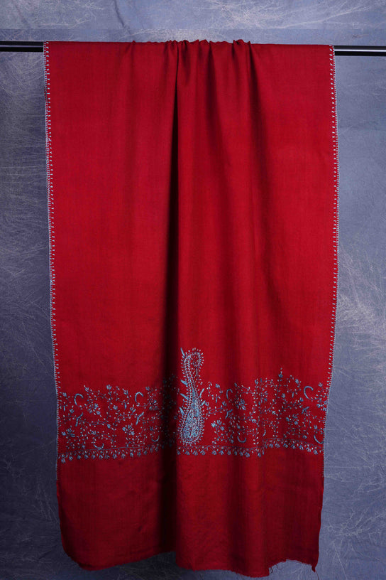 Maroon Big Border Sozni Embroidery Merino Wool Scarf