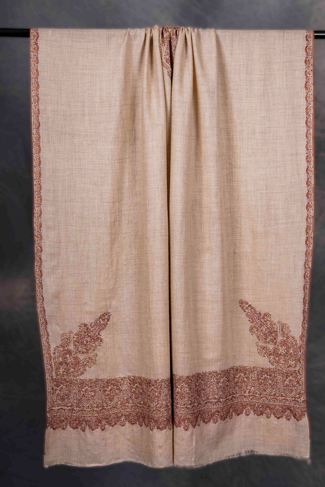 Ivory With Brown Border Embroidery Cashmere Pashmina Shawl