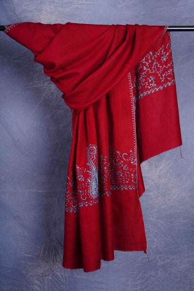 Maroon Big Border Sozni Embroidery Merino Wool Scarf