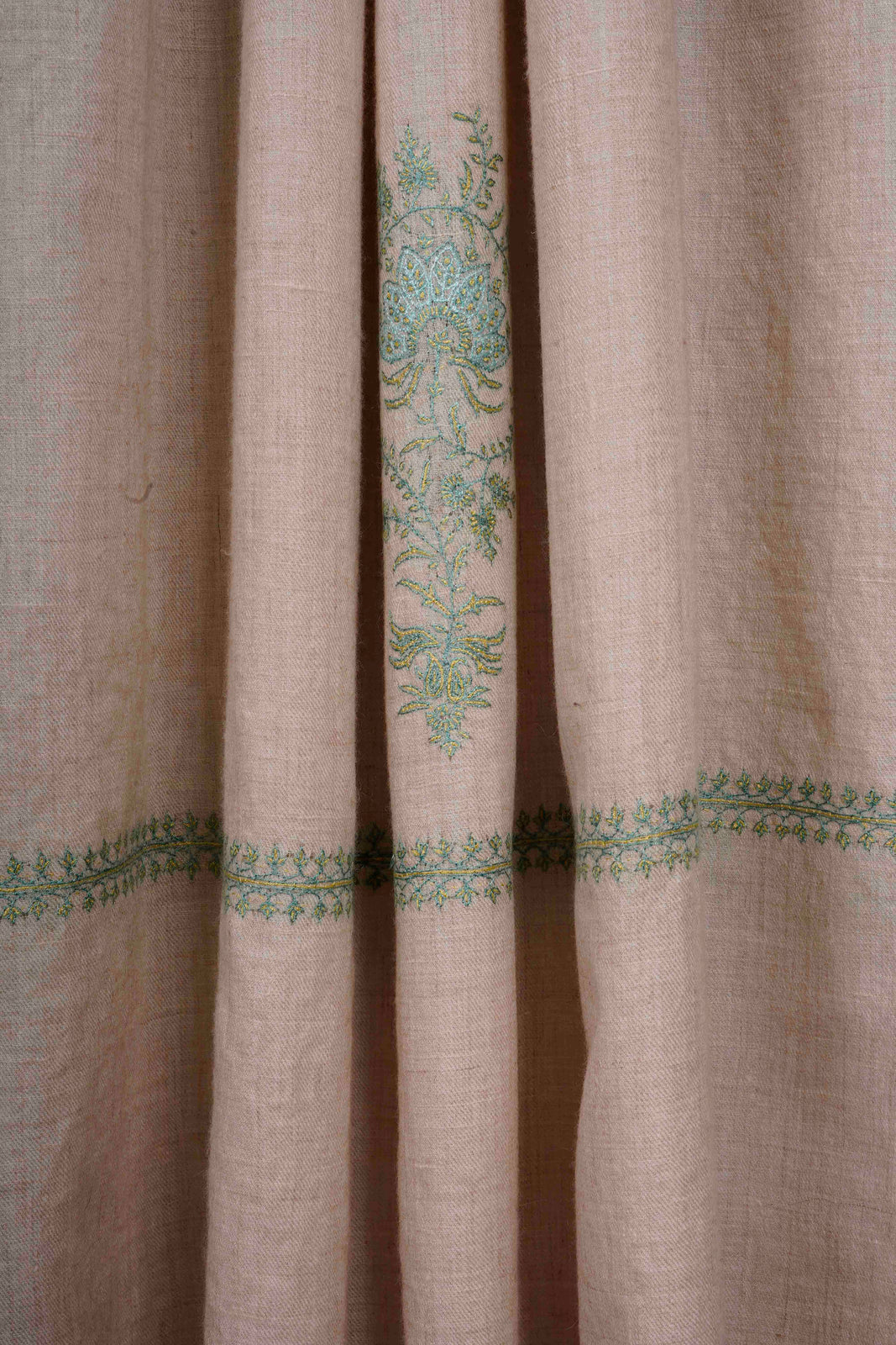 Ivory Base with Green color Buteh-dar Embroidery Pashmina Cashmere Shawl