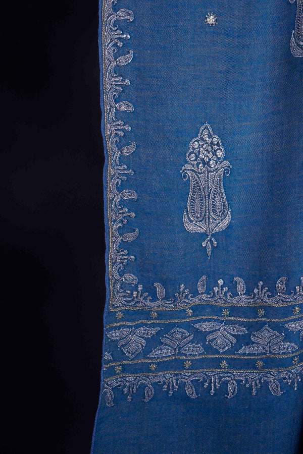 2.5 Yard Blue Base Gold & Silver Tilla Embroidery Pashmina Shawl
