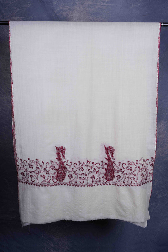 Ivory Big Border Sozni Embroidery Merino Wool Scarf