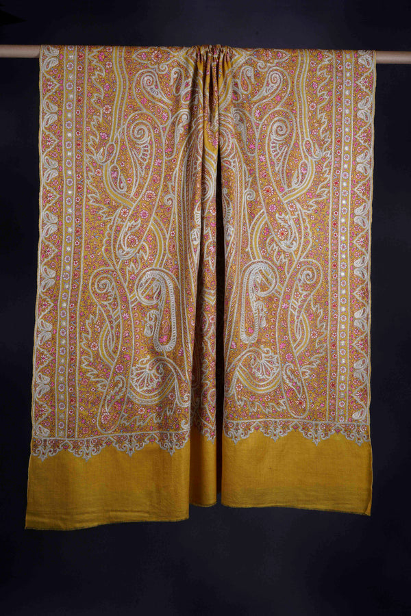 2.5 Yard Mustard Base Silver Tilla Embroidery Pashmina Shawl — Tilla gold embroidery pashmina shawl from Kashmir