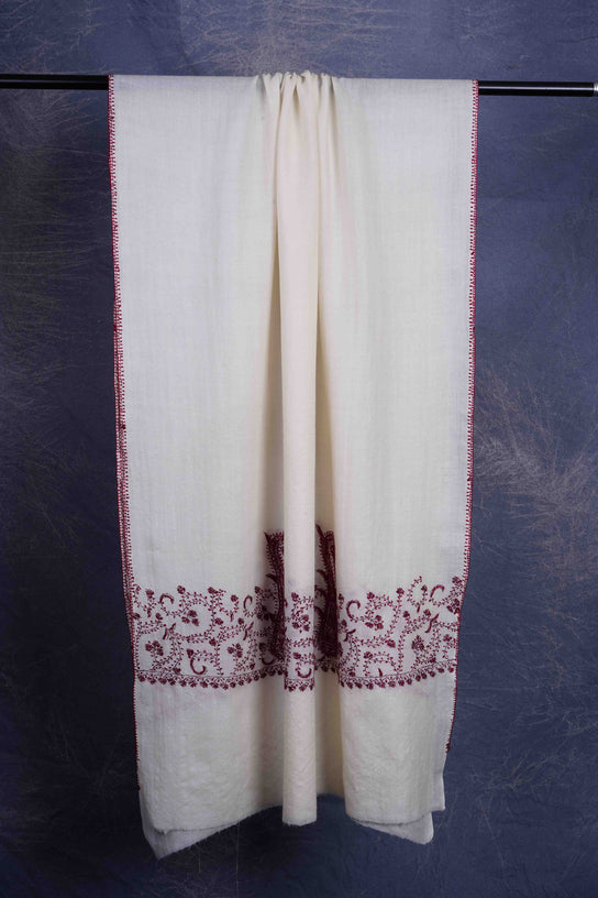 Ivory Big Border Sozni Embroidery Merino Wool Scarf