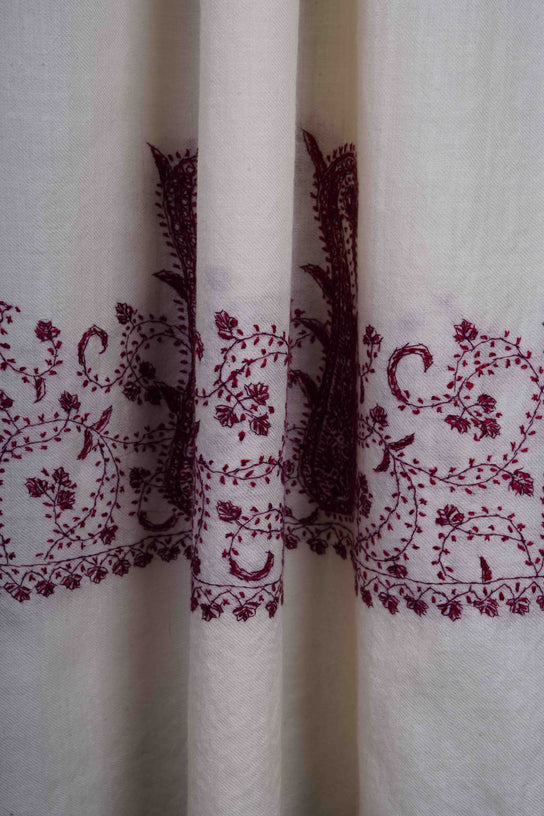 Ivory Big Border Sozni Embroidery Merino Wool Scarf