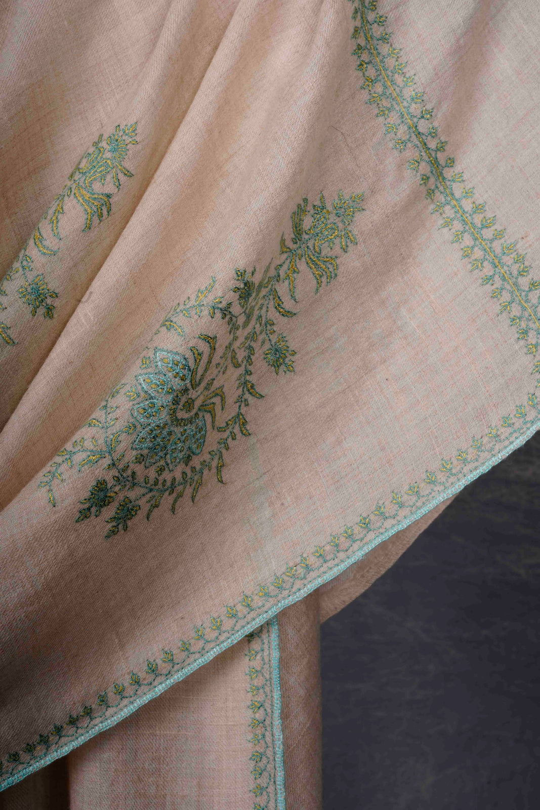 Ivory Base with Green color Buteh-dar Embroidery Pashmina Cashmere Shawl