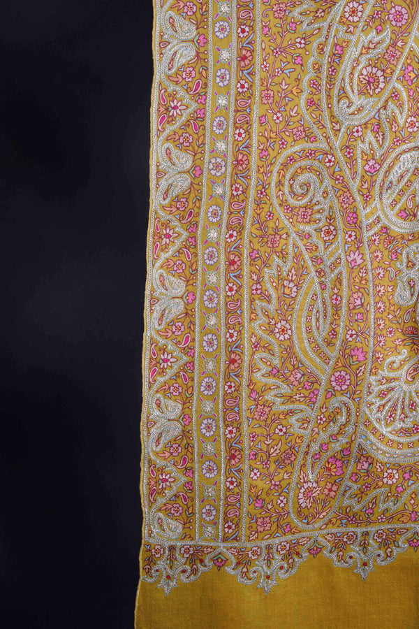 2.5 Yard Mustard Base Silver Tilla Embroidery Pashmina Shawl — pashmina shawl detail