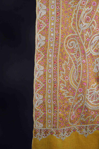 2.5 Yard Mustard Base Silver Tilla Embroidery Pashmina Shawl