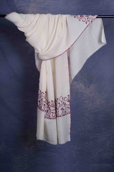 Ivory Big Border Sozni Embroidery Merino Wool Scarf