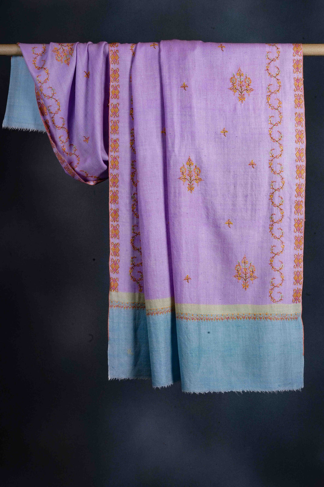 Purple & Blue Border Embroidery Cashmere Pashmina Shawl