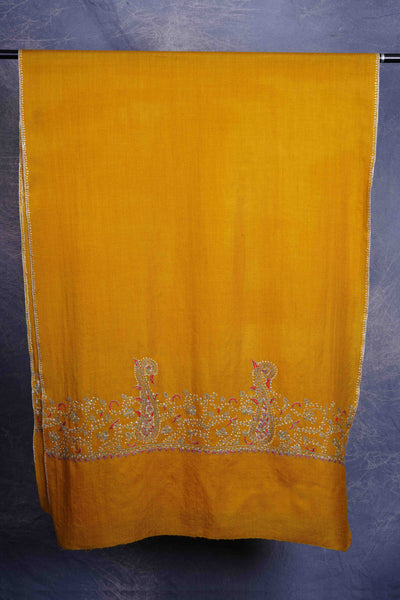 Mustard Big Border Sozni Embroidery Merino Wool Scarf