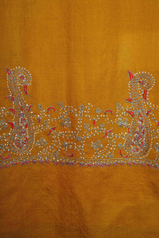 Mustard Big Border Sozni Embroidery Merino Wool Scarf