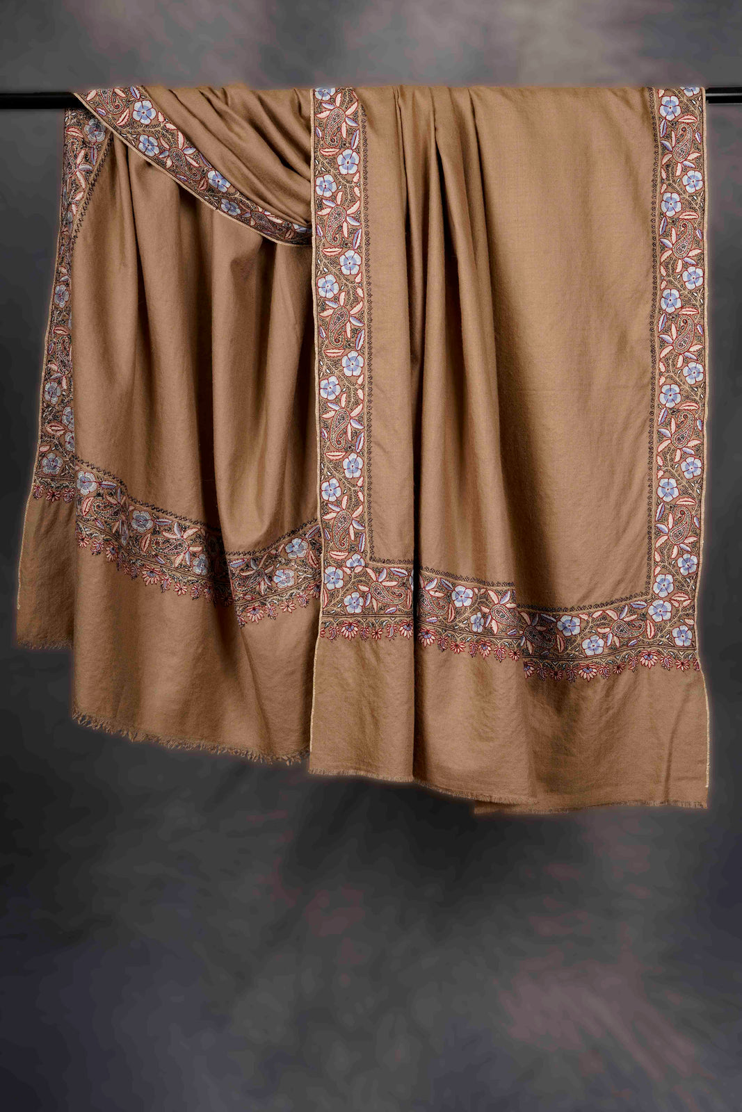 Brown Big Border Embroidery Cashmere Pashmina Shawl