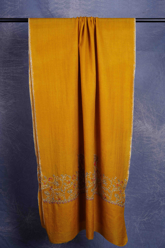 Mustard Big Border Sozni Embroidery Merino Wool Scarf