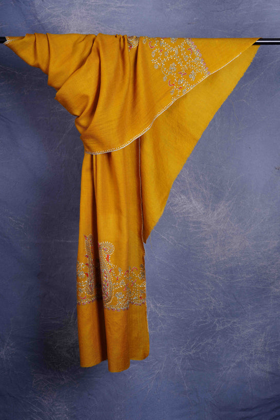 Mustard Big Border Sozni Embroidery Merino Wool Scarf