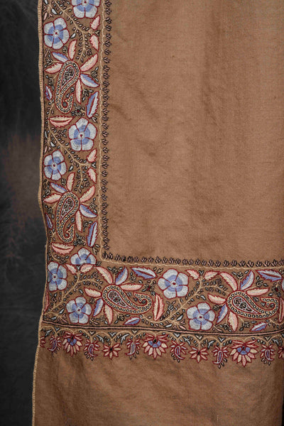 Brown Big Border Embroidery Cashmere Pashmina Shawl