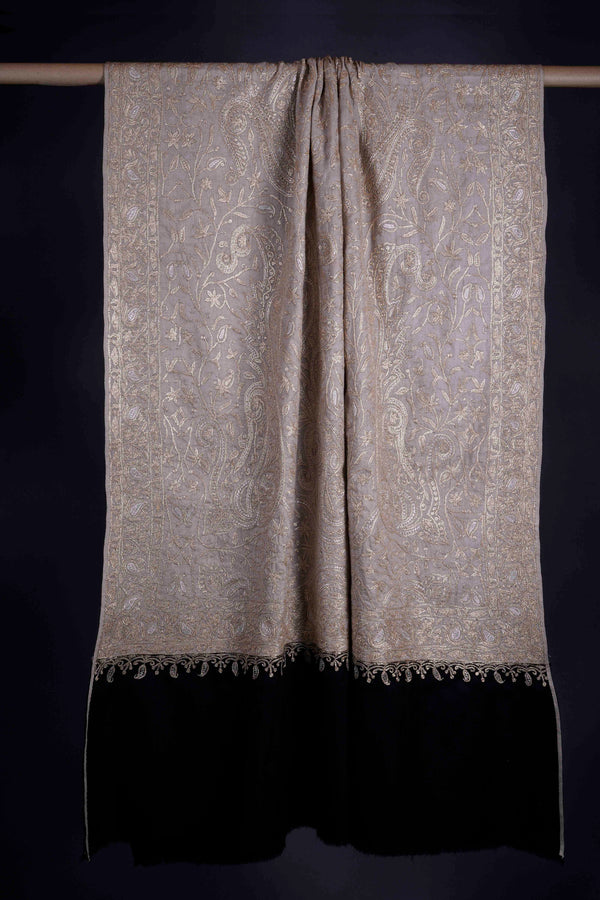 2.5 Yard Natural and Black Tilla Embroidery Pashmina Shawl — Tilla gold embroidery pashmina shawl from Kashmir