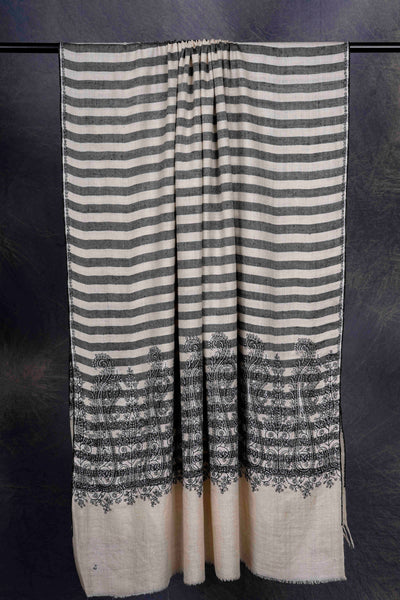 Ivory and Black Stripe Border Embroidery Cashmere Pashmina Shawl