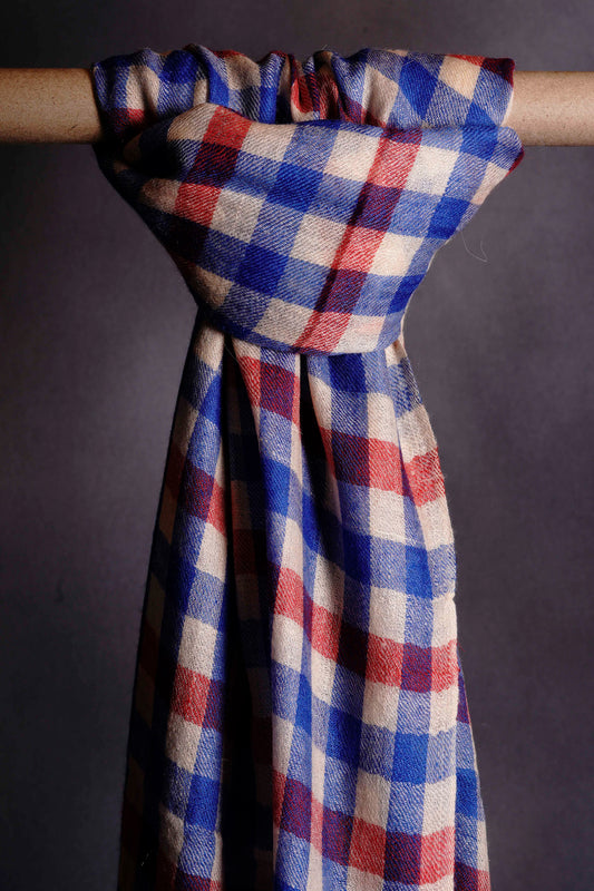 Small Check Red, Ivory and Blue Handwoven Cashmere Pashmina Scarf