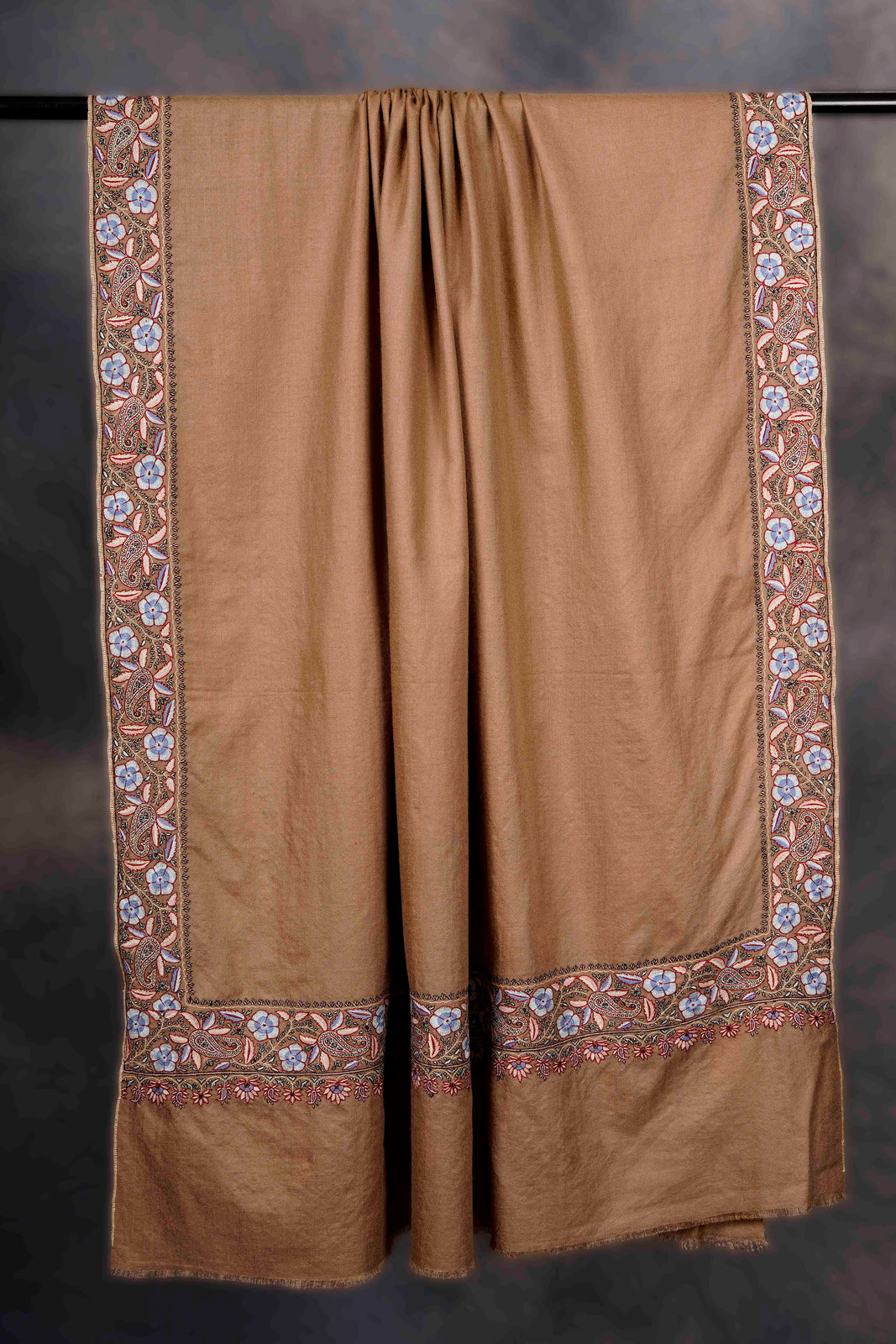 Brown Big Border Embroidery Cashmere Pashmina Shawl