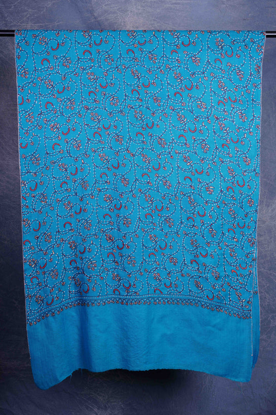 Blue Base Jali Sozni Embroidery Merino Wool Scarf