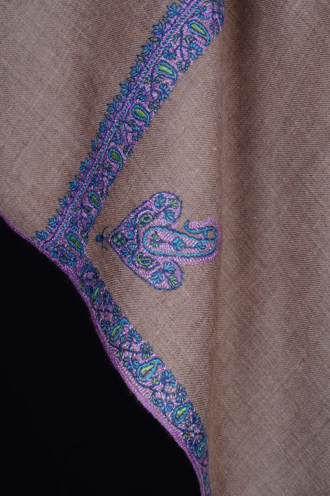 Natural Base Blue Border Embroidery Cashmere Pashmina Shawl