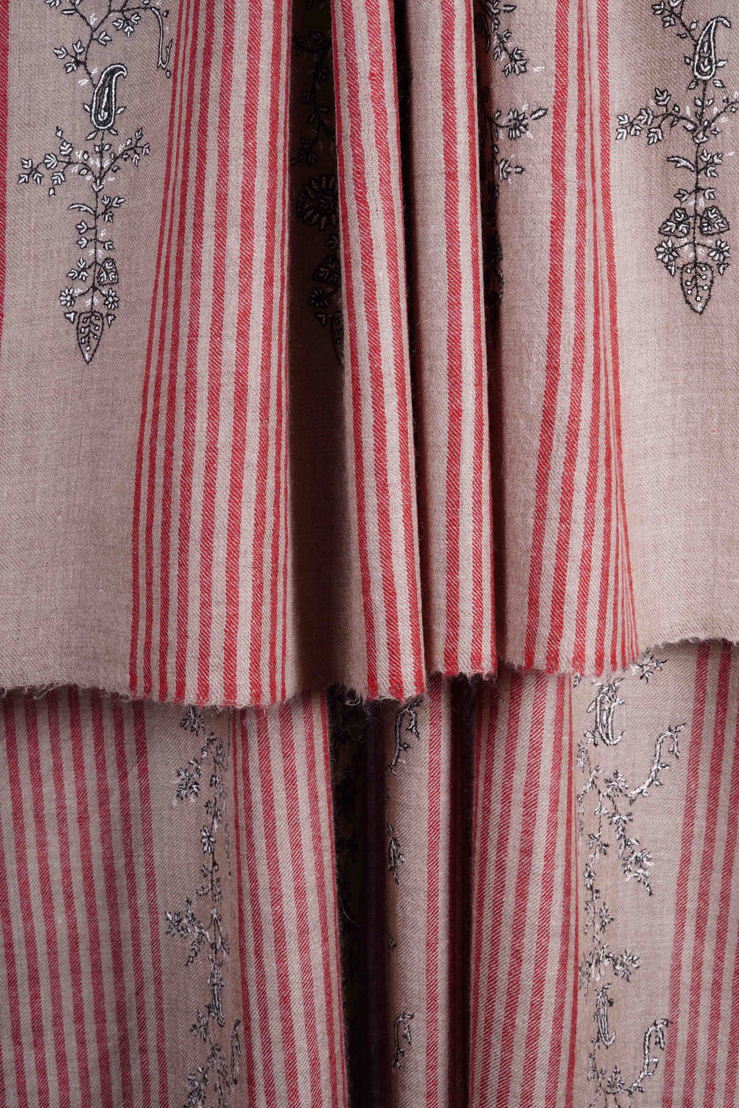 Taupe Striped Jali Embroidery Pashmina Cashmere Shawl