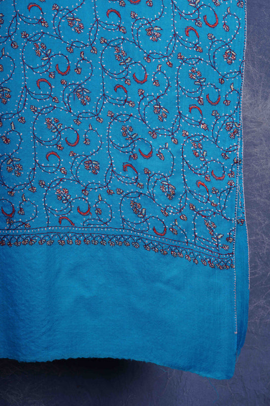 Blue Base Jali Sozni Embroidery Merino Wool Scarf