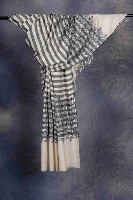 Ivory and Black Stripe Border Embroidery Cashmere Pashmina Shawl