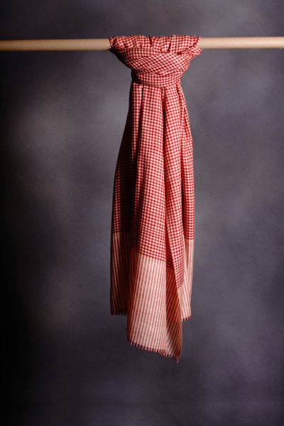Ivory and Red Checked Handwoven Cashmere Pashmina Shawl