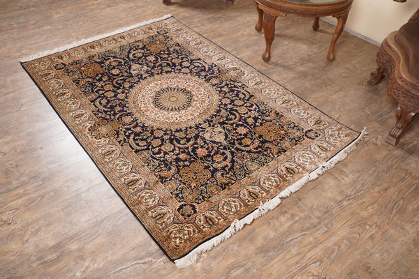 Navy Blue And Gold Tone Kashmir Carpet