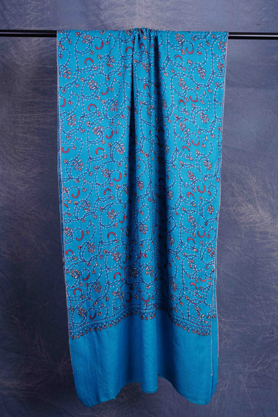 Blue Base Jali Sozni Embroidery Merino Wool Scarf