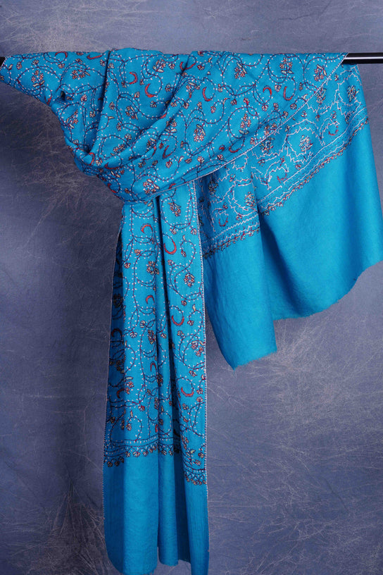 Blue Base Jali Sozni Embroidery Merino Wool Scarf