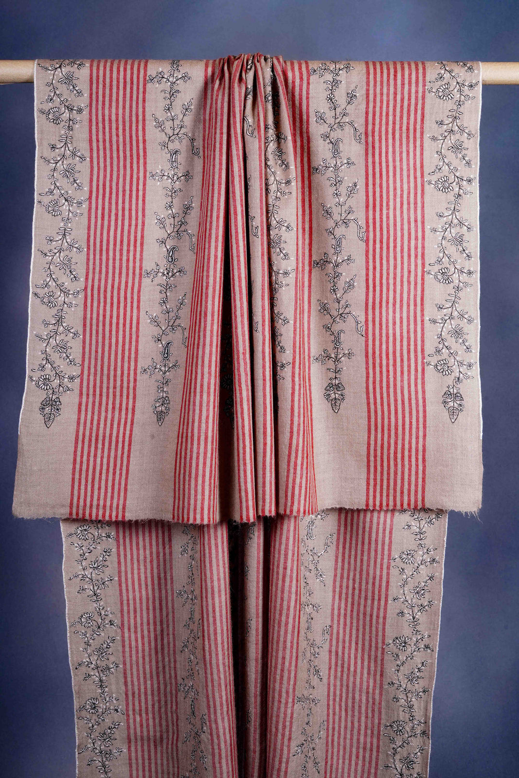 Taupe Striped Jali Embroidery Pashmina Cashmere Shawl