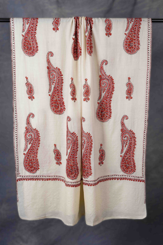 Ivory Jali Sozni Orange Embroidery Shawl