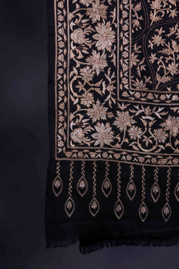 2.5 Yard Black Base Gold & Silver Tilla Embroidery Pashmina Shawl — Tilla gold embroidery pashmina shawl from Kashmir