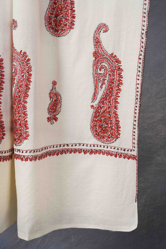 Ivory Big Motif Embroidery Merino Shawl