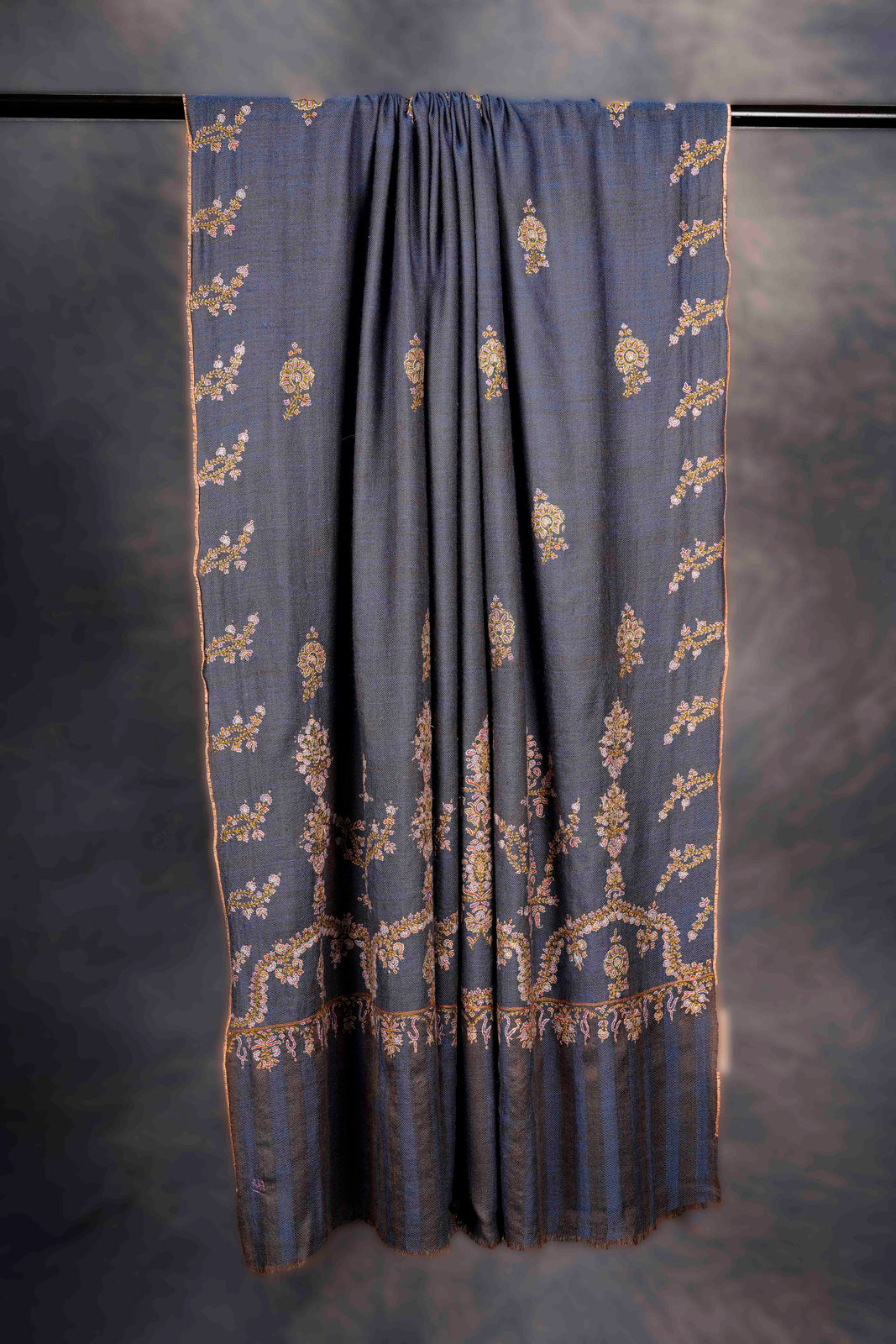 Blue With Striped Border And Boteh Embroidery Cashmere Pashmina Shawl