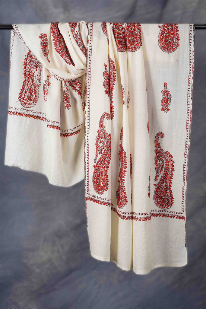 Ivory Big Motif Embroidery Merino Shawl