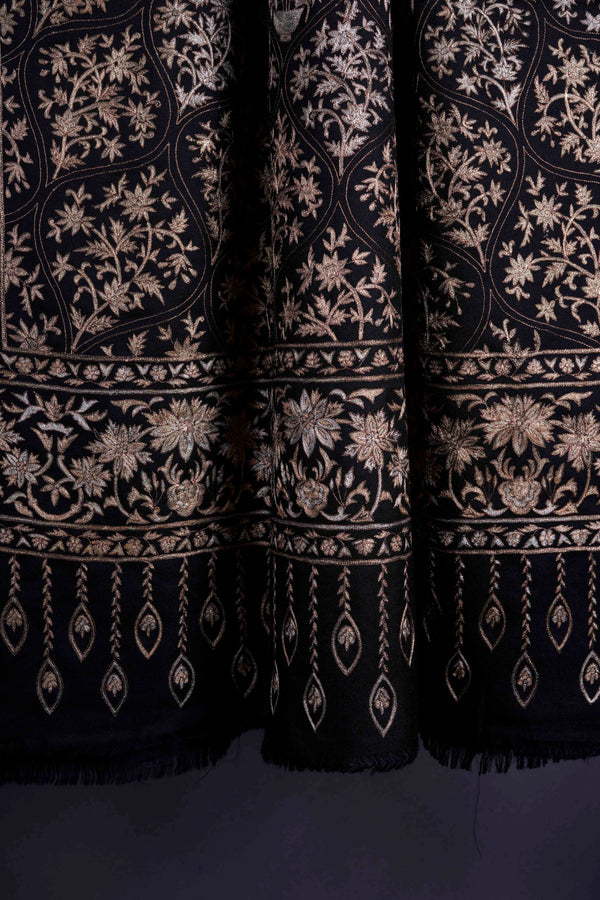 2.5 Yard Black Base Gold & Silver Tilla Embroidery Pashmina Shawl — pashmina shawl detail