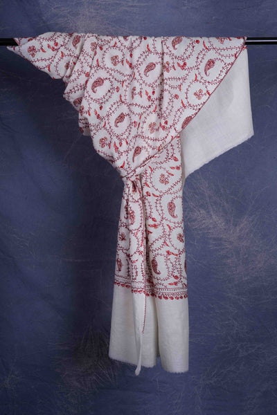 Ivory Base Jali Sozni Embroidery Merino Wool Scarf