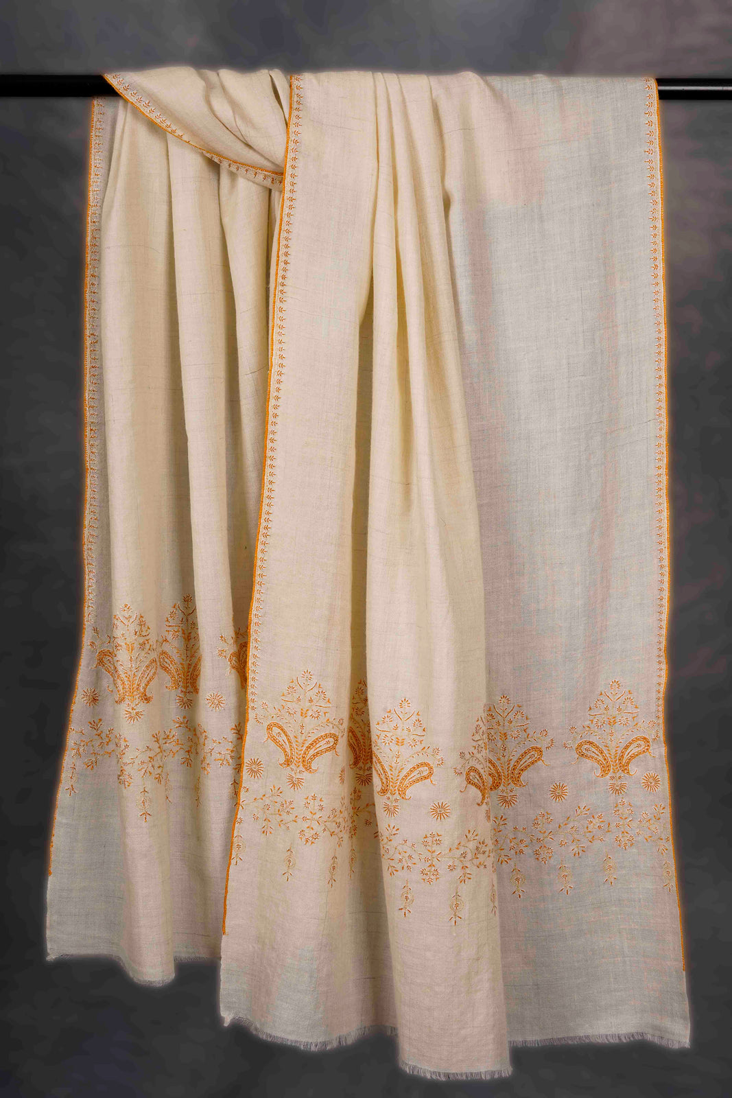 Ivory With Big Buteh Motif Border Embroidery Cashmere Pashmina Scarf