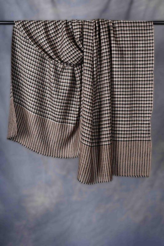 Small Check Black,Ivory And Natural Handwoven Cashmere Pashmina Scarf