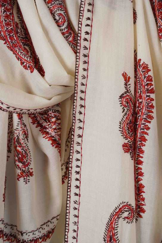 Ivory Jali Sozni Orange Embroidery Shawl