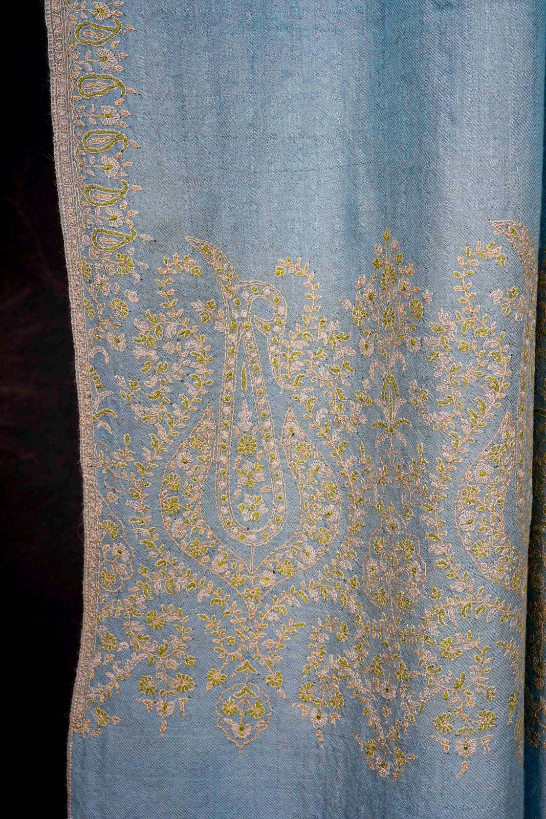 Sky Blue Big Border Embroidery Cashmere Pashmina Shawl